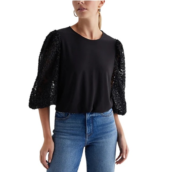 NWT Express Floral Lace 3/4 Puff Sleeve Crew Neck Elastic Hem Top Black Small - Picture 3 of 10